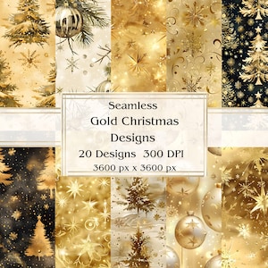 20 gouden kerstontwerpen naadloos digitaal papier, jpeg, 12" x 12", plakboek, junkjournal, papieren verpakking, commercieel gebruik