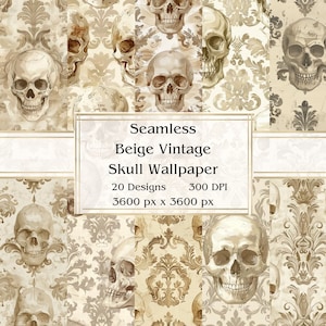 20 beige Vintage Schädel-Tapete nahtloses digitales Papier, JPEG, 12 "x 12", Scrapbook-Papier, Junk-Journal, Papiersatz, kommerzielle Nutzung