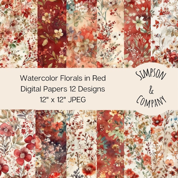 12 Watercolor Florals in Red Digital Papers, JPEG, 12" x 12", Scrapbook Paper, Junk Journal, Paper Pack