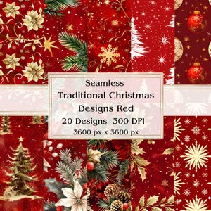 20 diseños navideños tradicionales papel digital rojo sin costuras, JPEG, 12" x 12", papel de álbum de recortes, diario basura, paquete de papel, uso comercial