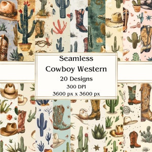 20 Papel digital sin costuras Western Cowboy, JPEG, 12" x 12", papel de álbum de recortes, diario basura, paquete de papel, uso comercial