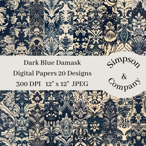 20 Dark Blue Damask Digital Paper, Victorian Digital Paper Pack, JPEG, 12" x 12", Scrapbook Paper, Junk Journal, Paper Pack, Commercial Use