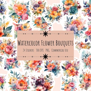 24 Aquarell Blumensträuße digitale Aufkleber, Blumen, florale Aufkleber, florale Abziehbilder, sofortiger Download, kommerzielle Nutzung