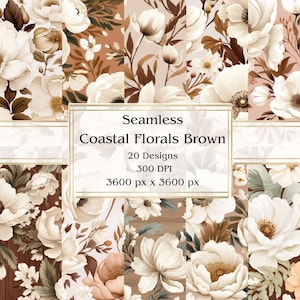 20 papel digital sem costura marrom Coastal Florals, JPEG, 12" x 12", papel para álbum de recortes, lixo eletrônico, pacote de papel, uso comercial
