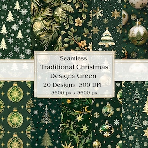 20 motifs de Noël traditionnels, vert, papier numérique transparent, JPEG, 12 x 12 po, papier de scrapbooking, journal indésirable, paquet de papier, usage commercial