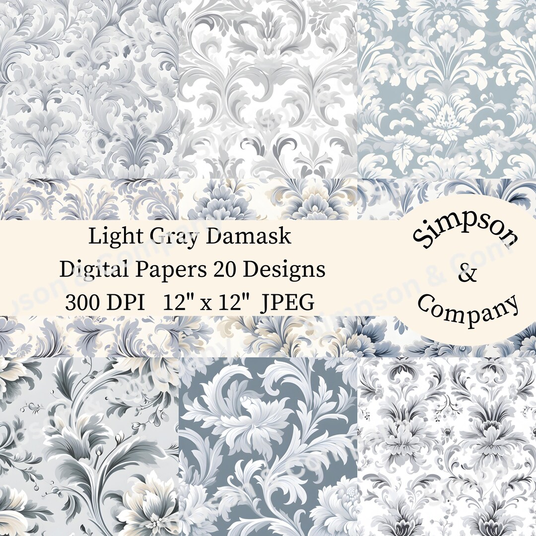 20 Light Gray Damask Digital Paper, Victorian Digital Paper Pack, JPEG
