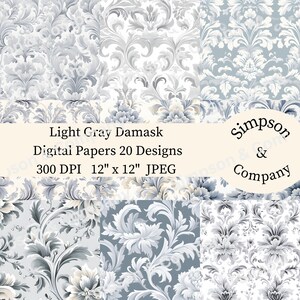 20 lichtgrijs damast digitaal papier, Victoriaans digitaal papierpakket, JPEG, 12" x 12", Scrapbookpapier, Junk Journal, commercieel gebruik
