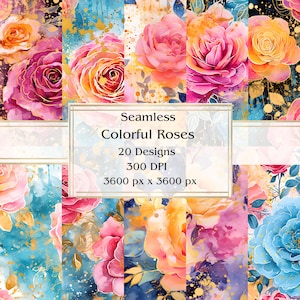 20 Colorful Roses Seamless Digital Paper, JPEG, 12&quot; x 12&quot;, Scrapbook Paper, Junk Journal, Paper Pack, Commercial Use