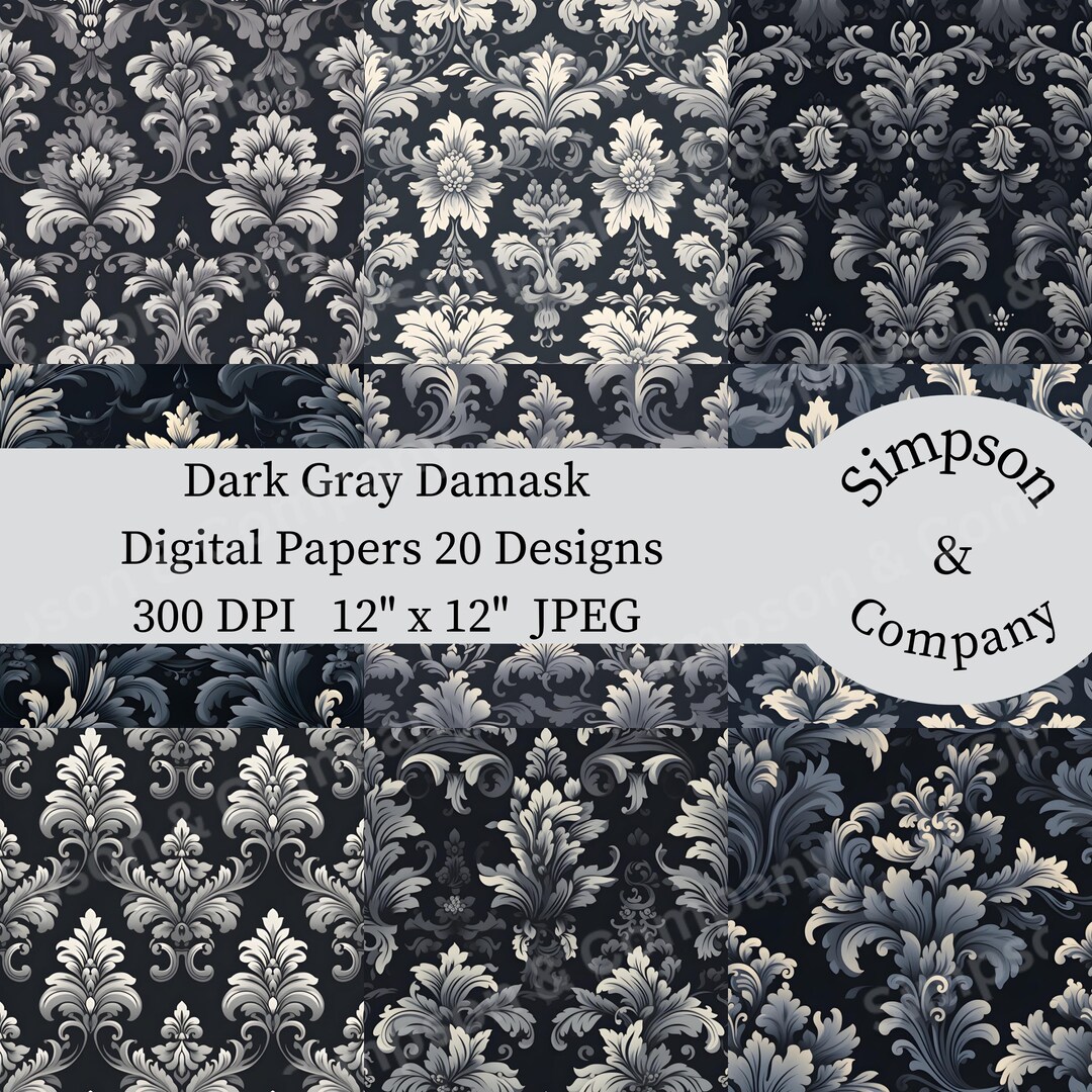 20 Dark Gray Damask Digital Paper Victorian Digital Paper Etsy