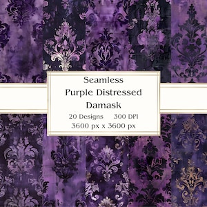 20 lila Distressed Damask nahtloses digitales Papier, JPEG, 12 "x 12", Scrapbook-Papier, Junk-Journal, Papiersatz, kommerzielle Nutzung