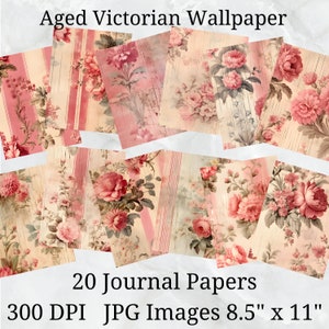 20 roze oud Victoriaans behang dagboekpapier, digitaal papier JPEG, 8,5 "x 11", scrapbookpapier, junk journal, papierpakket, commercieel gebruik