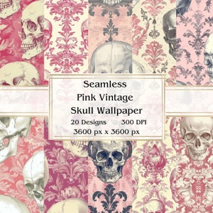 20 rosa Vintage Schädel-Tapete Nahtloses digitales Papier, JPEG, 12 "x 12", Scrapbook-Papier, Junk-Journal, Papiersatz, kommerzielle Nutzung