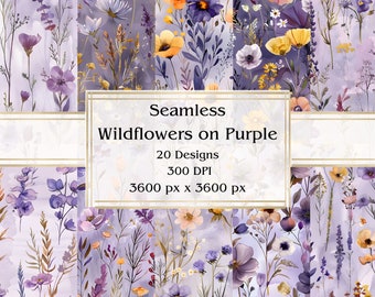 20 Wildflowers on Purple Seamless Digital Paper, JPEG, 12" x 12", Scrapbook Paper, Junk Journal, Paper Pack, Commercial Use
