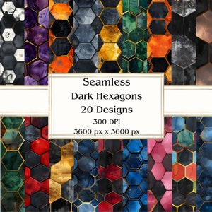 20 Dark Hexagons Seamless Digital Paper, JPEG, 12" x 12", papier do scrapbookingu, Junk Journal, pakiet papieru, do użytku komercyjnego
