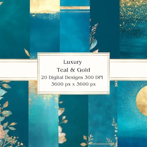 20 blauwgroen en goud digitaal papier, jpeg, 12 x 12 inch, plakboekpapier, junkjournal, papieren verpakking, commercieel gebruik