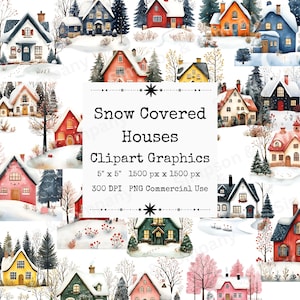35 PNG Snow Covered Houses Clip Art, Christmas Clip Art, Instant Download, Commercial Use