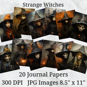 20 Strange Witches Journal Paper, Digital Paper JPEG, 8.5&quot; x 11&quot;, Scrapbook Paper, Junk Journal, Paper Pack, Commercial Use