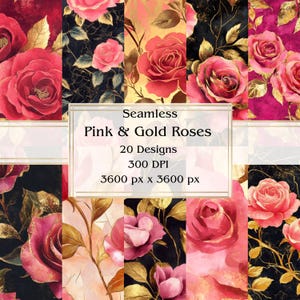 Papel digital sin costuras con 20 rosas rosas y doradas, JPEG, 12" x 12", papel para álbumes de recortes, Junk Journal, paquete de papel, uso comercial