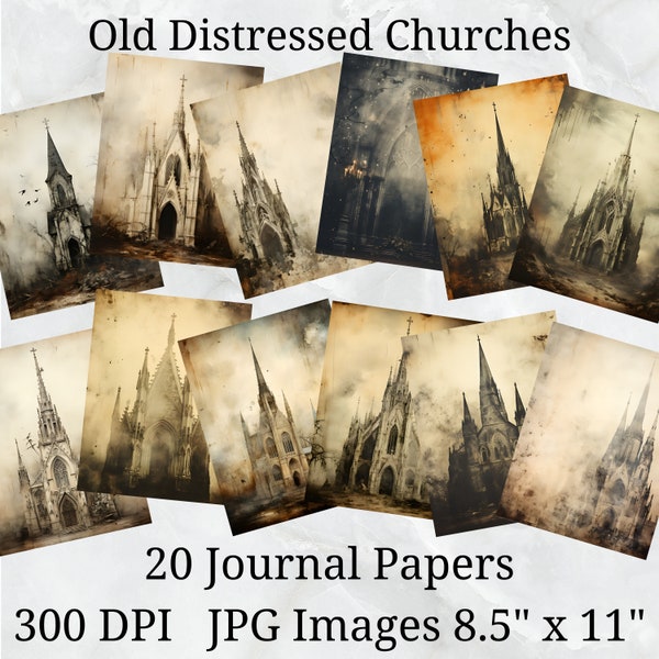 20 Distressed Gothic Churches Journal Paper, Digital Paper JPEG, 8.5" x 11", Scrapbook Paper, Junk Journal, Paper Pack, Commercial Use