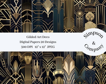 20 Gilded Art Deco Digital Paper, JPEG, 12" x 12", Scrapbook Paper, Junk Journal, Paper Pack, Commercial Use