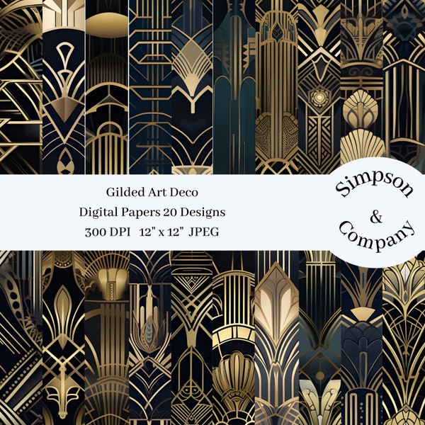 20 Gilded Art Deco Digital Paper, JPEG, 12" x 12", Scrapbook Paper, Junk Journal, Paper Pack, Commercial Use