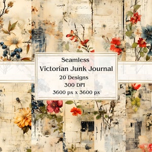 20 Victorian Junk Journal Seamless Digital Paper, JPEG, 12&quot; x 12&quot;, Scrapbook Paper, Junk Journal, Paper Pack, Commercial Use