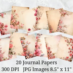 20 papel de jornal envelhecido com borda floral rosa, papel digital JPEG, 8,5" x 11", papel de álbum de recortes, diário de lixo, pacote de papel, uso comercial