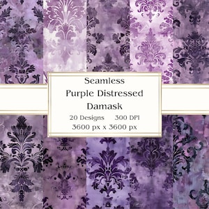 20 lila Distressed Damask nahtloses digitales Papier, JPEG, 12 "x 12", Scrapbook-Papier, Junk-Journal, Papiersatz, kommerzielle Nutzung