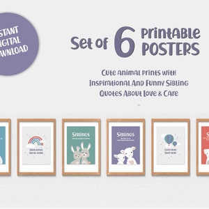Set di 6 stampe decorative di animali con citazioni divertenti e ispiratrici sull'amore e la cura dei fratelli