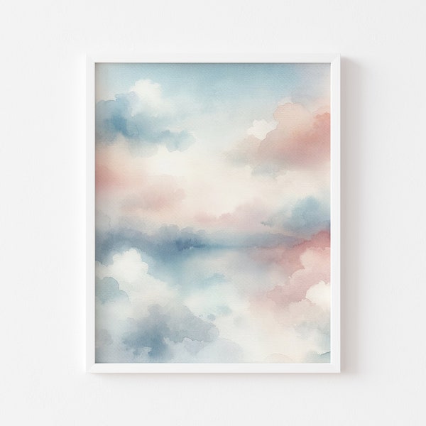 Blue Pink Abstract Art, Printable Abstract Art, Blue Watercolor Print, Watercolor Wall Art, Sky Print, Pastel Art, Abstract Watercolor Art