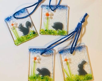 Glass Animal Sun Catchers, Hanging Glass Art, Rabbit, Hedgehog, Bunny, Tortoise, Squirrel, Handmade Fused Glass Gift