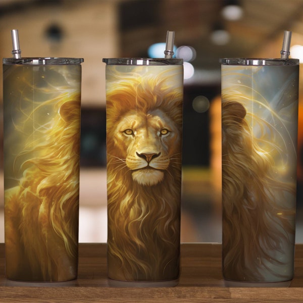 30oz & 20oz Skinny tumbler wrap digital design painting of majestic lion with golden glowing aura from behind, add personal text if desired