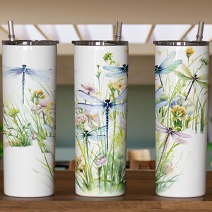 20oz & 30oz Skinny Tumbler sublimation digital design of colorful dragonflies watercolor background transparent background full wrap grass