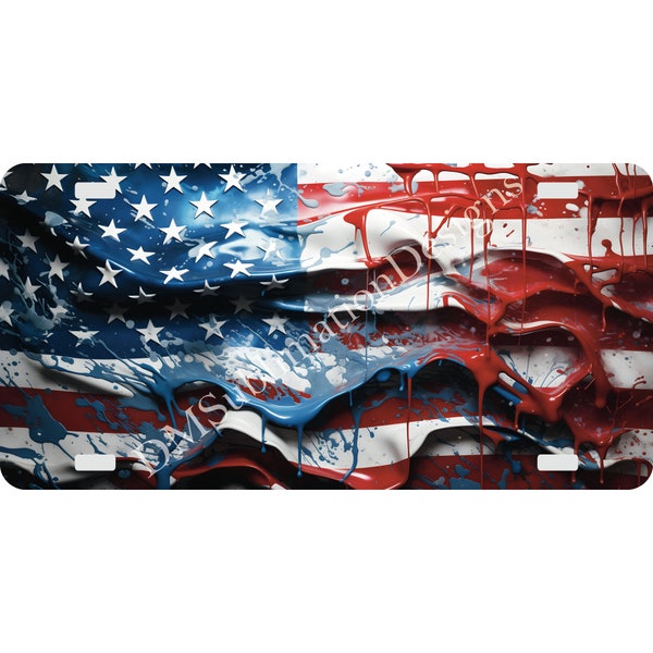 License plate sublimation design of the American Flag, bright colored paint dripping wet, 12"x6" size, America First patriotic sublimation