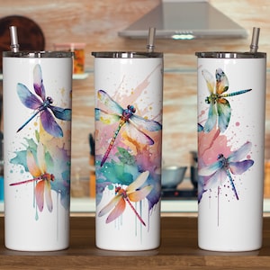 20oz & 30oz Skinny Tumbler sublimation design of colorful dragonflies watercolor background for a cool spring feel transparent full wrap