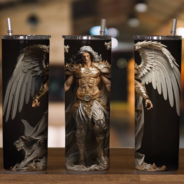 30oz & 20oz Skinny tumbler wrap digital design of a sculpted Archangel in golden armor with wings spread, place your own text if desired