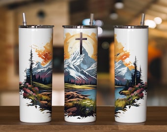 30oz & 20oz Skinny tumbler wrap digital design of painted Christian cross in front of mountain valley, seamless background, Place your text