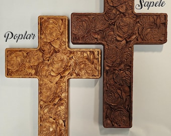 Wood carving of a Christian cross made of a bouquet of roses with small border, Carved of Poplar or Sapele with keyhole for wall hanging