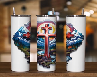 30oz & 20oz Skinny tumbler wrap digital design of painted Christian cross in front of mountain valley, seamless background, Place your text