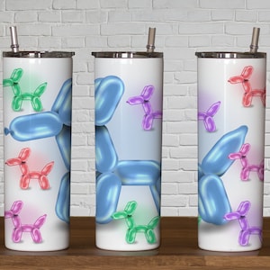 Diseño de envoltura de vaso delgado de 20 oz Perros de globos coloridos con diseño de un solo perro grande también incluido, diseño sin costuras, regalo de fiesta de cumpleaños para niños