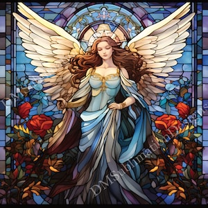 30oz & 20oz Straight skinny tumbler digital design of an angel in stained glass with red roses and bright blue panels, beautiful open wings