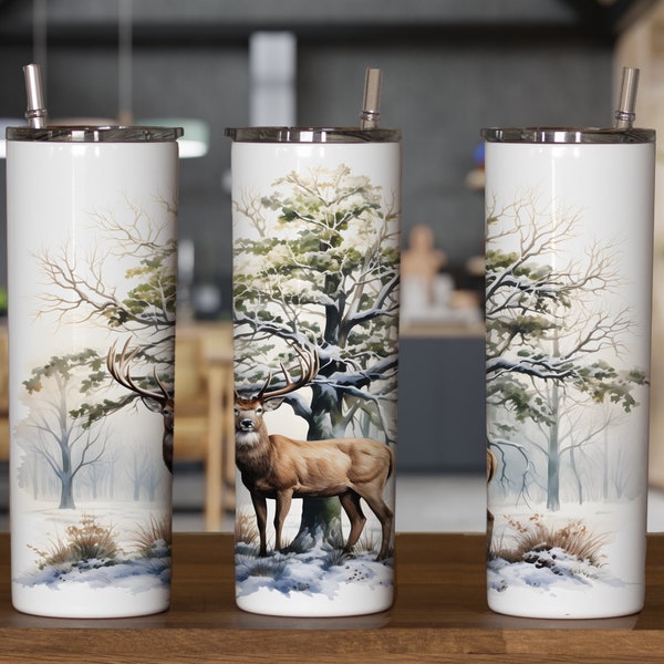 30oz & 20oz Skinny tumbler wrap for sublimation of a deer in front of trees covered with snow, watercolor style, white background, seamless