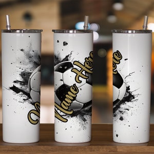 30oz & 20oz Skinny tumbler wrap digital design of a soccer ball on splashed background, place your text to personalize for a gift, football