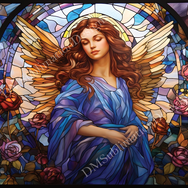 30oz & 20oz Straight skinny tumbler digital design of a stained glass angel with bright blue colors, beautiful open wings, flowers present