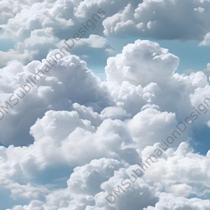 May include: A seamless pattern of fluffy white clouds against a light blue sky. The clouds are arranged in a random pattern, creating a sense of depth and movement.