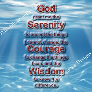 20oz Skinny tumbler wrap digital design of Serenity Prayer pillowed text with underwater sunlight rays background, CMYK color, 30oz included