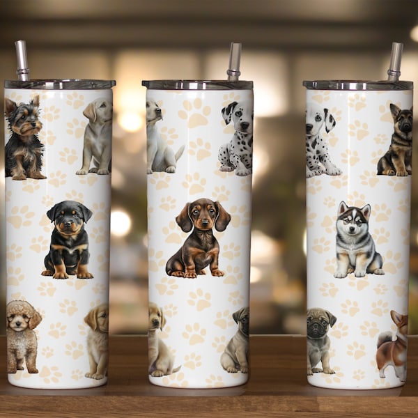 30oz & 20oz Skinny tumbler wrap design of adorably cute puppies above pastel paw print background, Seamless sublimation design for dog loves