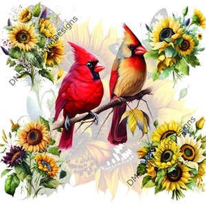 20oz & 30oz Full wrap skinny tumbler digital download design of cardinals with sunflowers, seamless transparent background, great on shirts