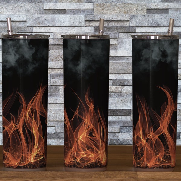 20oz & 30oz Full wrap skinny tumbler digital design of flames and smoke on black canvas Room to place your own text background heat fire
