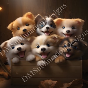 30oz & 20oz Skinny tumbler wrap digital design of a box with cute adorable puppies, furry smiling puppy friends, realistic cartoon dogs